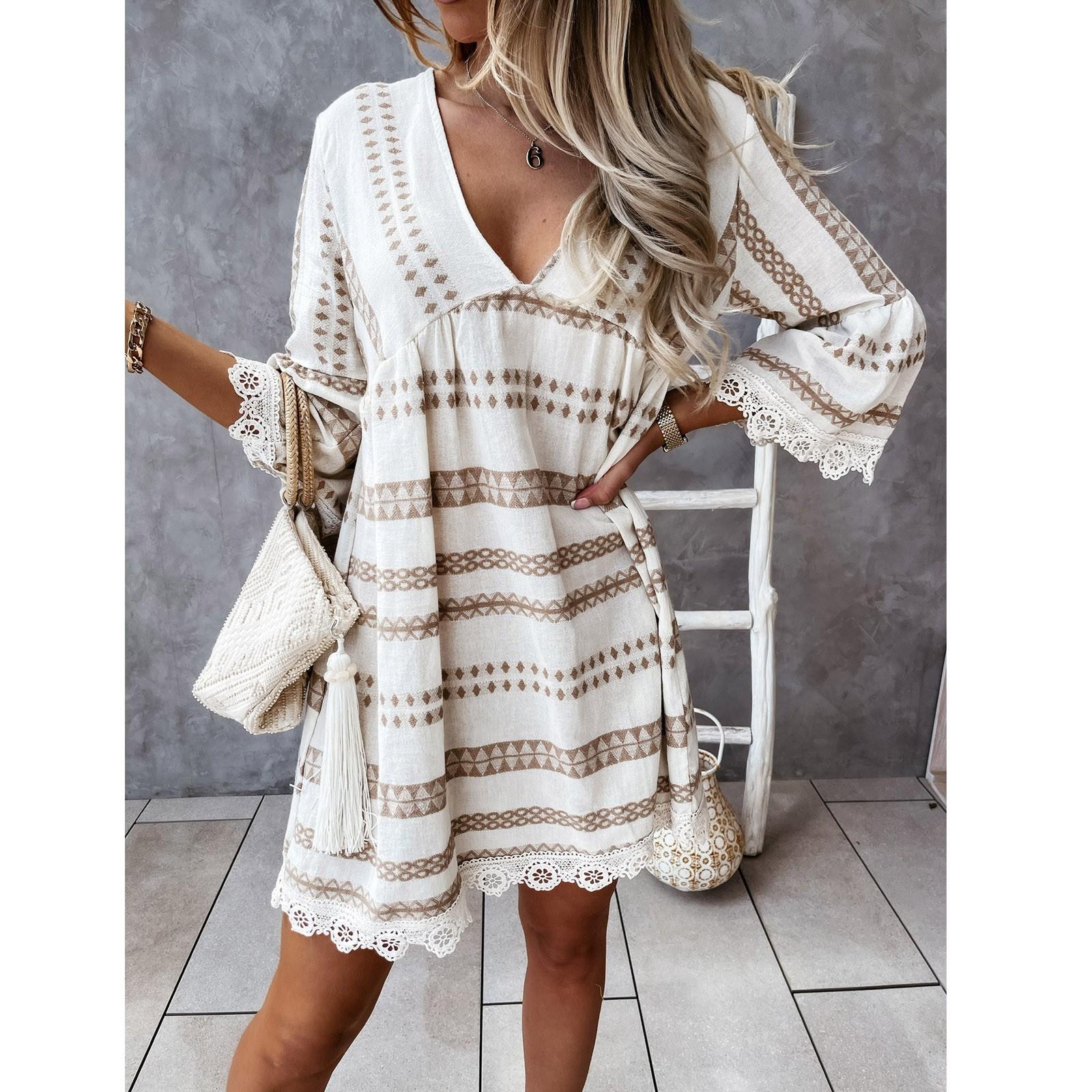 

Женское модное повседневное платье с принтом, свободное V-образным вырезом и рукавами три четверти, кружевное платье с манжетами XL хаки