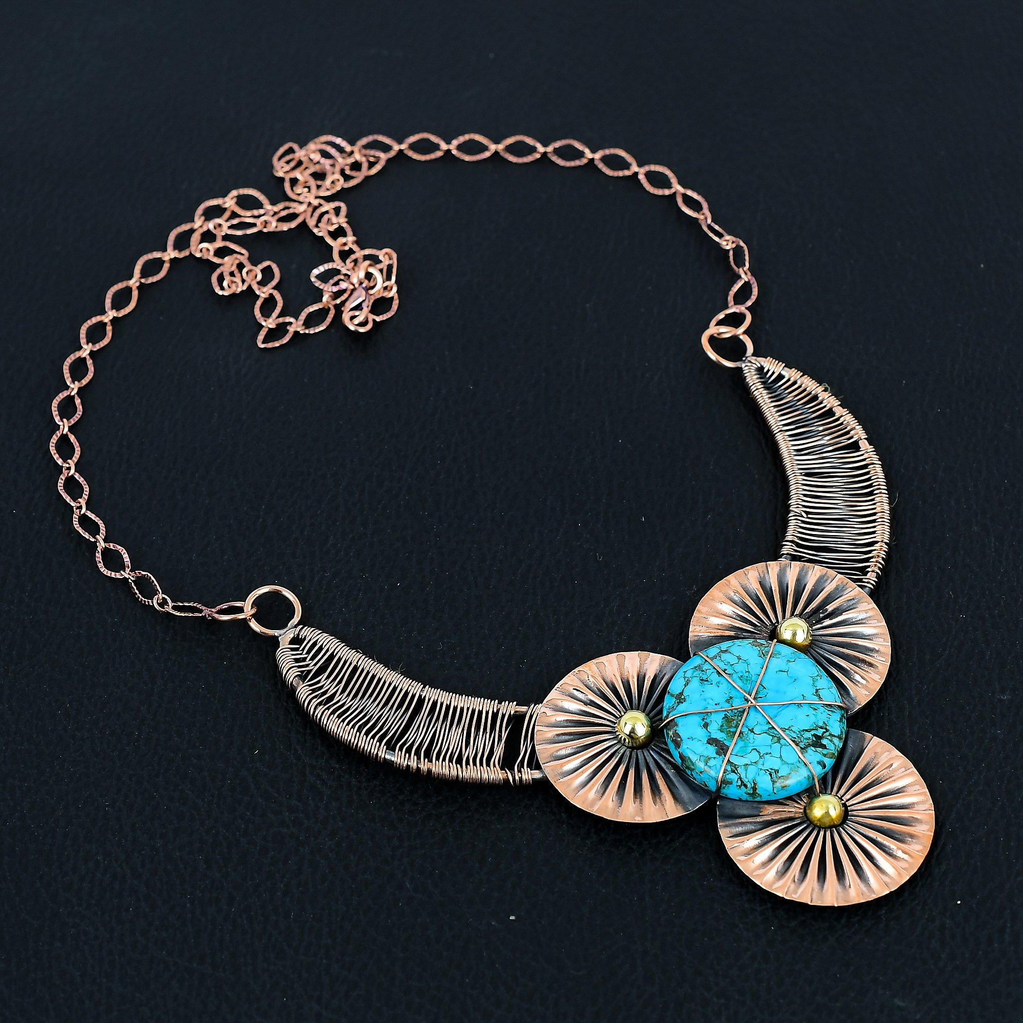 

Восхитительное ювелирное ожерелье ручной работы из чистой медной проволоки с бирюзовым драгоценным камнем 18 Inches синий