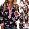 Damen Retro Street Lässiger V-Ausschnitt Langarm Knopf Valentinstag Herz Pullover Top