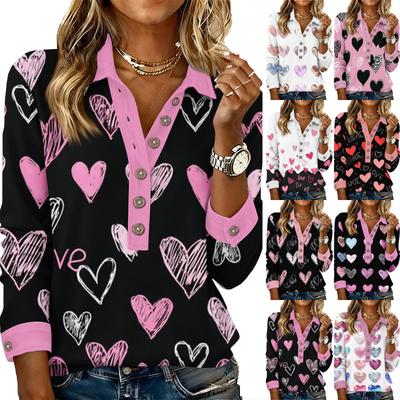 Women's Retro Street Lazy V,neck Long Sleeve Button Valentine's Day Heart Pullover Top