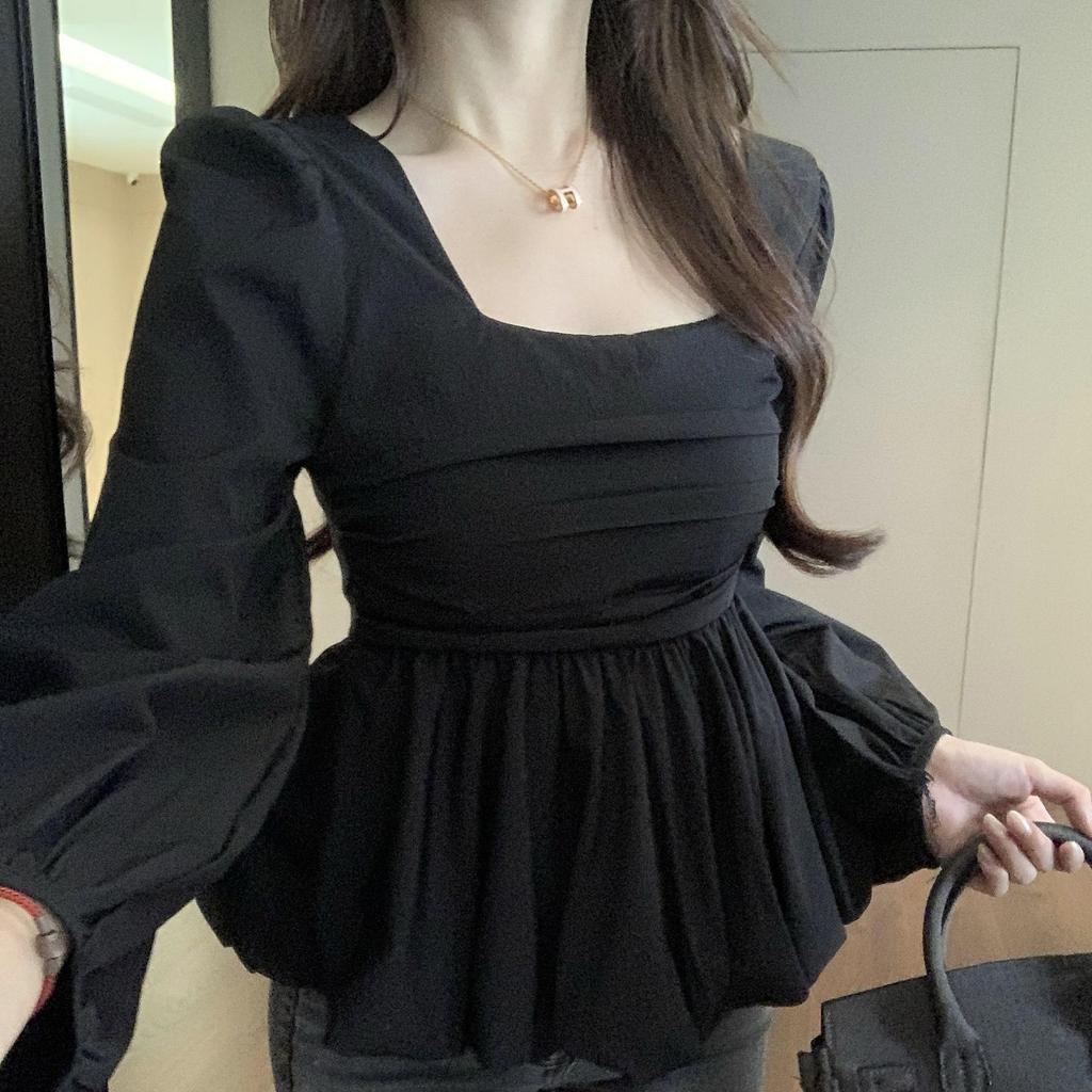 Plus Size Korean Style Babydoll Square Neck Top - Slimming Long Sleeve Shirt for Women