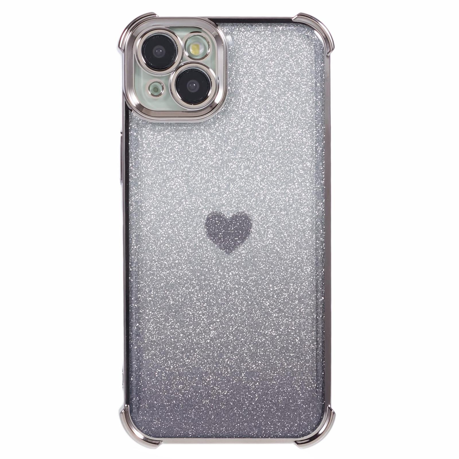 

For iPhone 14 Drop Protection Phone Case Heart Pattern TPU Glittery Powder Phone Cover Grey