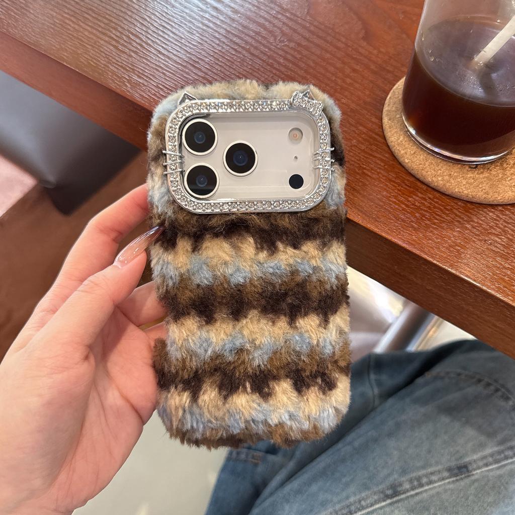 For iPhone 17 Pro Max Case Rhinestone Frame Striped Plush TPU PC Phone Cover with Strap