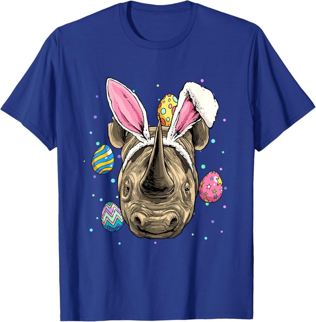 Funny Rhinoceros Bunny Ears Easter Egg Hunt Graphic Tee Casual Short Sleeve T-Shirt for Men