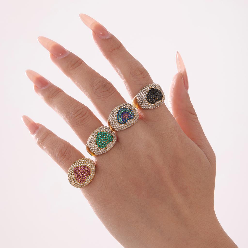 Stainless Steel Gold Plated Chunky Ring Women's Heart Shaped Colorful Zircon Luxury Couple Matching Finger Ring Summer Zircon