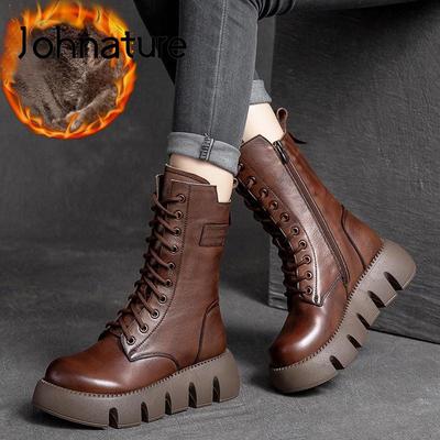 Botas de inverno quentes sapatos femininos de couro genuíno de pelúcia zip redondo cunhas feitas à mão botas de plataforma de renda
