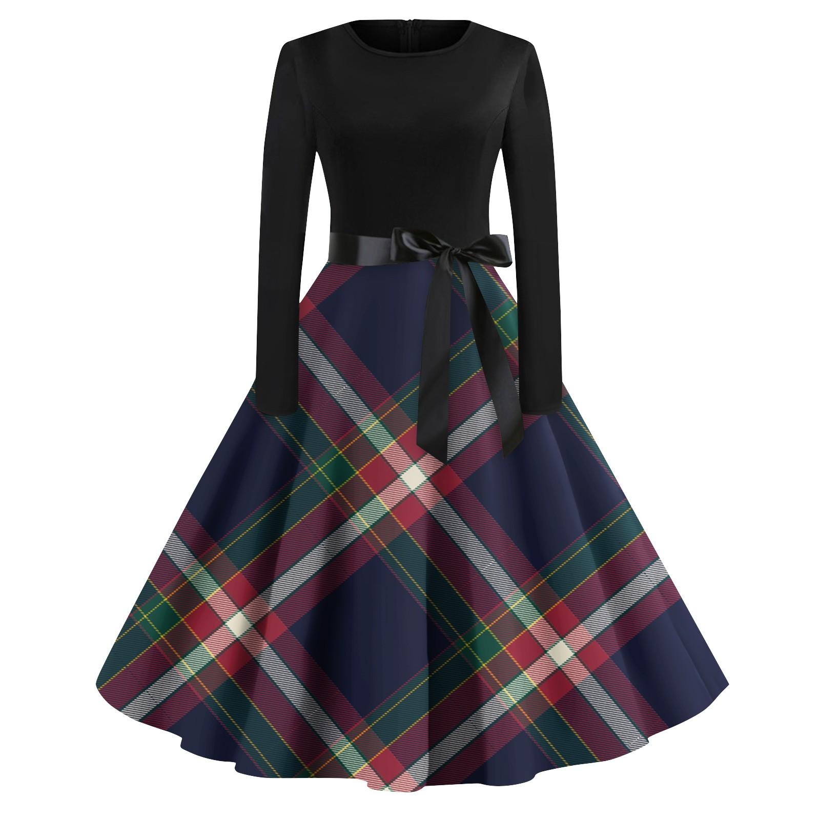 

Women s Vintage Plaid Printed Long Sleeve Round Neck Plus Size Evening Prom Dresses S фіолетовий