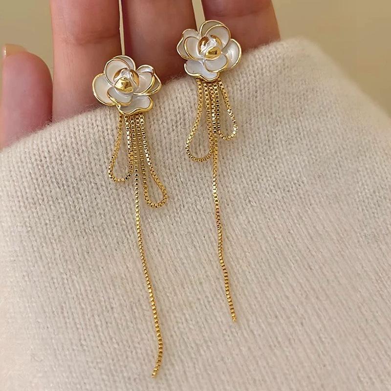 Elegant And Stylish Alloy Camellia Tassel Earrings Long And Slim Ear Thread Women's Fashion Accessories