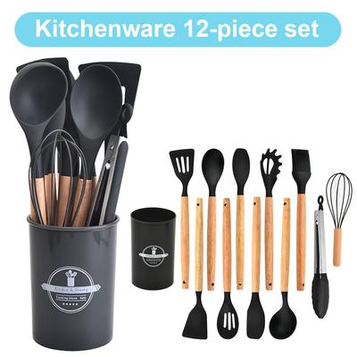 Versatile 12Pcs Heat Resistant Silicone Kitchen Utensil Set with Wooden Handles and Storage Holder for Cooking
