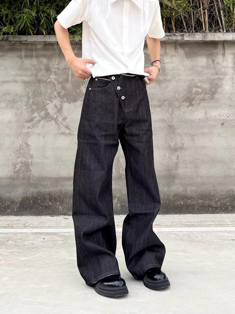 Amerikanischer Retro-Design-Sinn mit schrägem Knopfleisten-Einknopf-Design Schwarze Weitbein-Jeans für Herren und Damen Lockere lässige vielseitige Hosen Trend