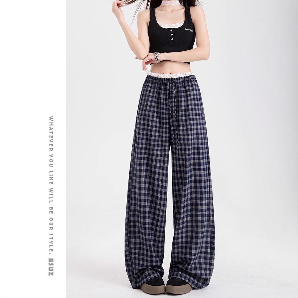 Women's High Waist Wide Leg Pants Straight Leg Trousers Plaid Print Lace Patchwork Casual Loose Fit Long Trousers For Summer Daily Wear