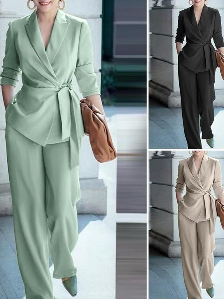 Autumn Fashion Elegant Women's Casual Solid Color Suit Set with Tie