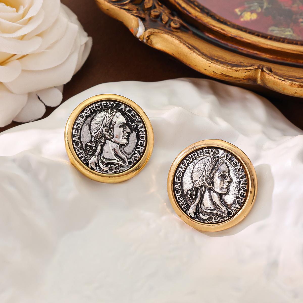

Medieval Vintage Set Greek Athena Relief Ancient Coin Design Retro Necklace Stud Earrings