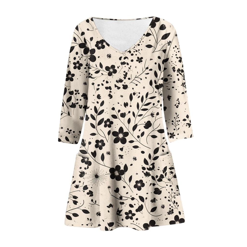 Women's Fashionable Casual V-Neck Floral Print Pocket Seven Quarter Sleeve Dress