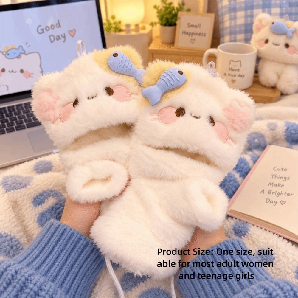 Half Finger Cartoon Cat Gloves One Size Flip Top Gloves Cute Plush Kitty Gloves For Women