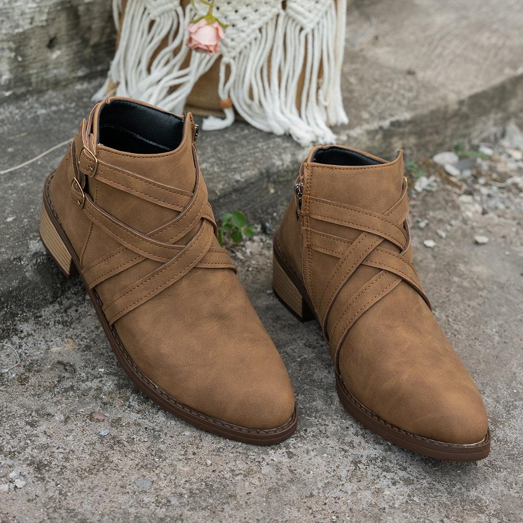 Pointed Toe Woven Martin Boots Women's Winter 2025 New Thick Heel Vintage Side Zipper Plus Size Booties