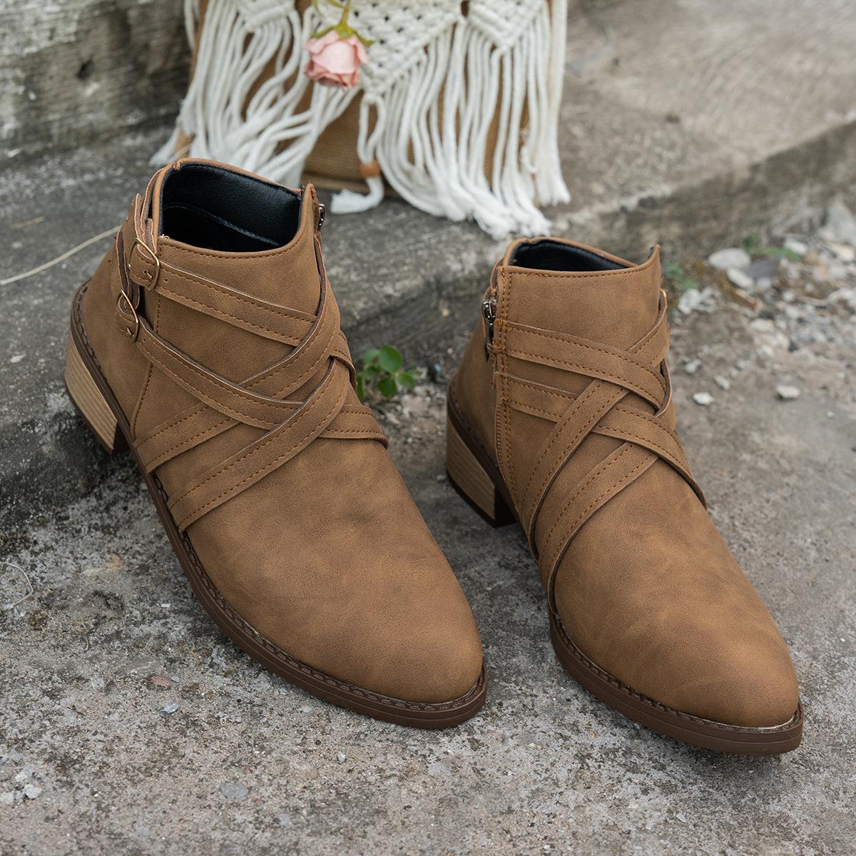 

Женские зимние ботинки Мартин с плетеным острым носком, 2025, новые, на толстом каблуке, винтажные, с боковой молнией, больших размеров 43 верблюд