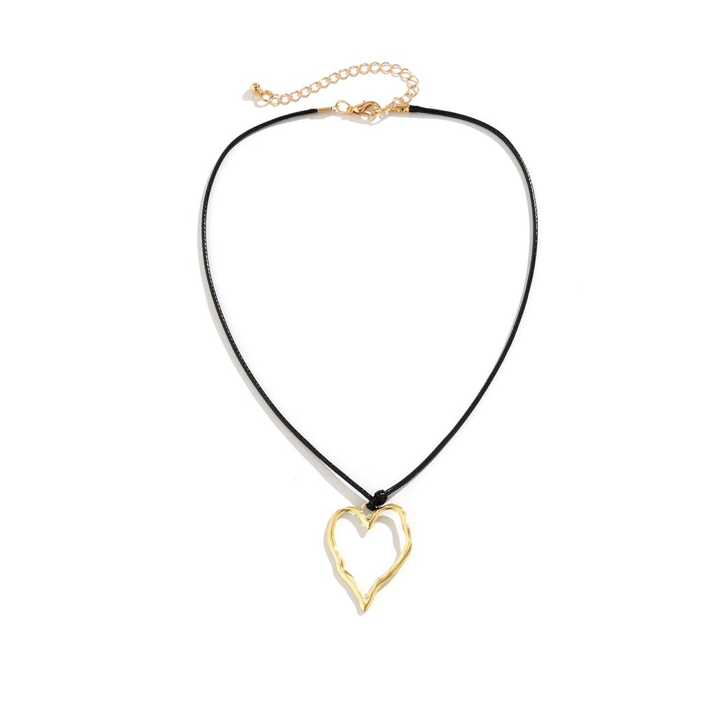 Ingemark Vintage Black Leather Braid Wax Cord Chain Necklace for Women Goth Hollow Out Love Heart Pendant Choker Y2k Jewelry New