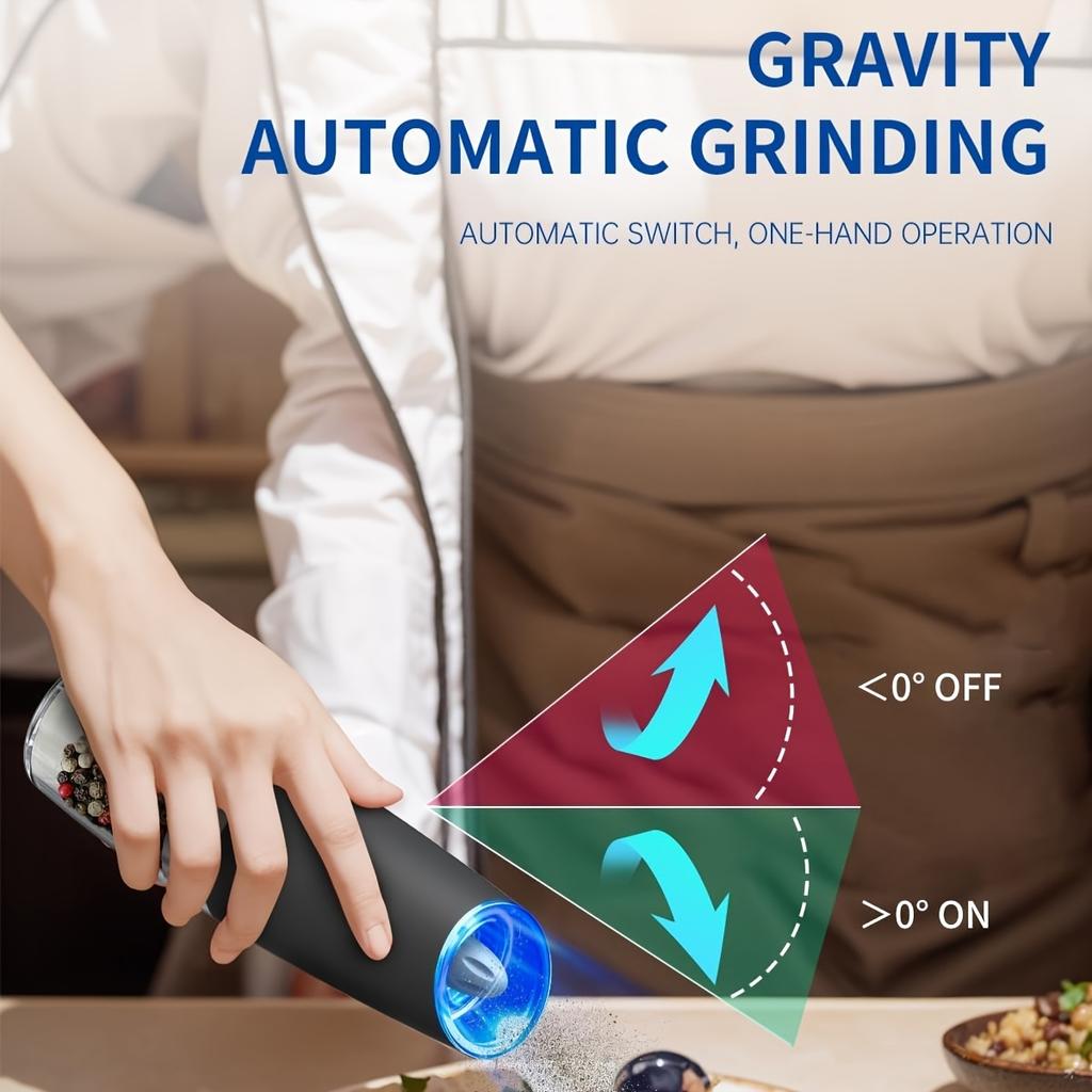 Set Râșnițe Electrice cu Gravitație pentru Sare și Piper, Alimentate cu Baterii, Lumină LED, Operare Automată cu o Singură Mână