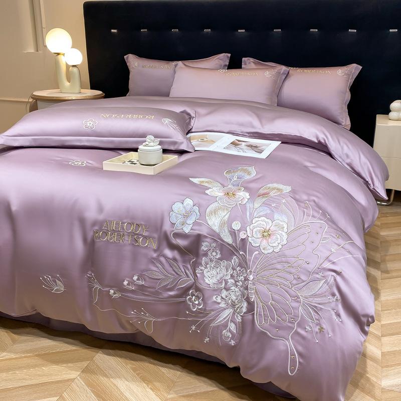 

Комплект постельного белья из ледяного шелка, четырехпредметный, вышивка, приятный к коже, дышащий, удобный, простыня, пододеяльник, наволочка 2.0m bed