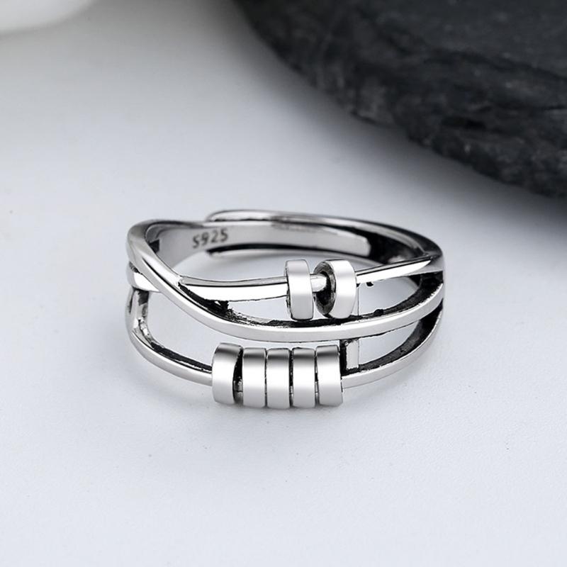 European and American Vintage Old Thai Silver Color Ring Fashion Temperament Female Three-ring for Smart Index Finger Ri