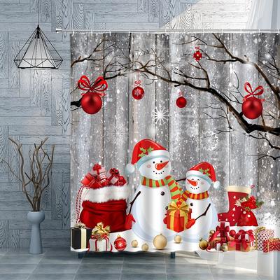 Christmas Shower Curtain Red Christmas Balls Branches Snowmen Gifts Snowflakes Fabric Bath Curtain Winter Bathroom Decor Sets