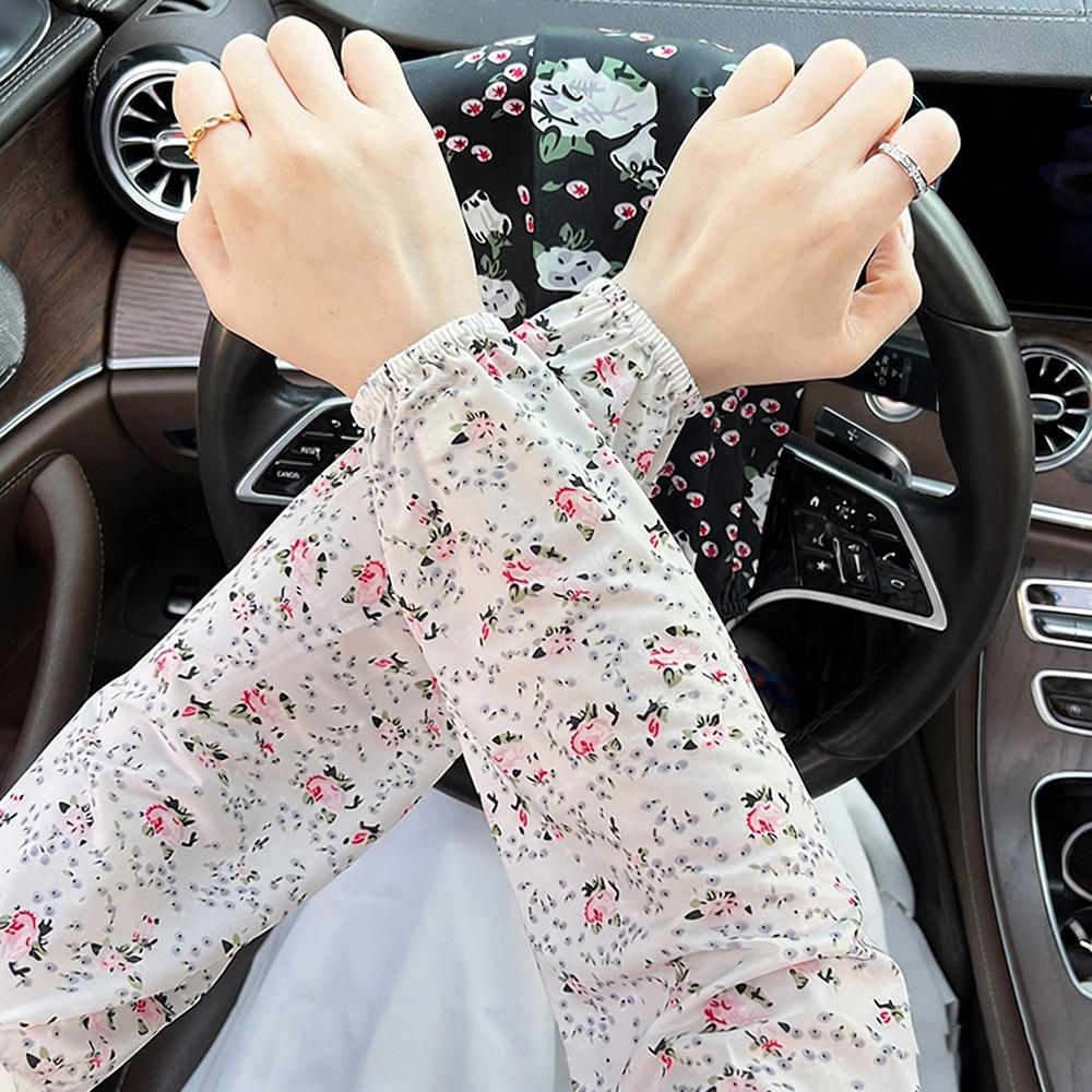 Gifts Floral Print Ice Silk Sleeves for Women Elastic Arm Protectors Loose Fit Gloves UV Protection Long Sleeves