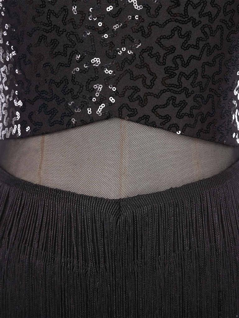 Frauen Pailletten Latin Jazz Dance Kostüm Ärmelloses Ausschnitt Zurück Flowy Quaste Kleid Trikot Ballett Dancewear