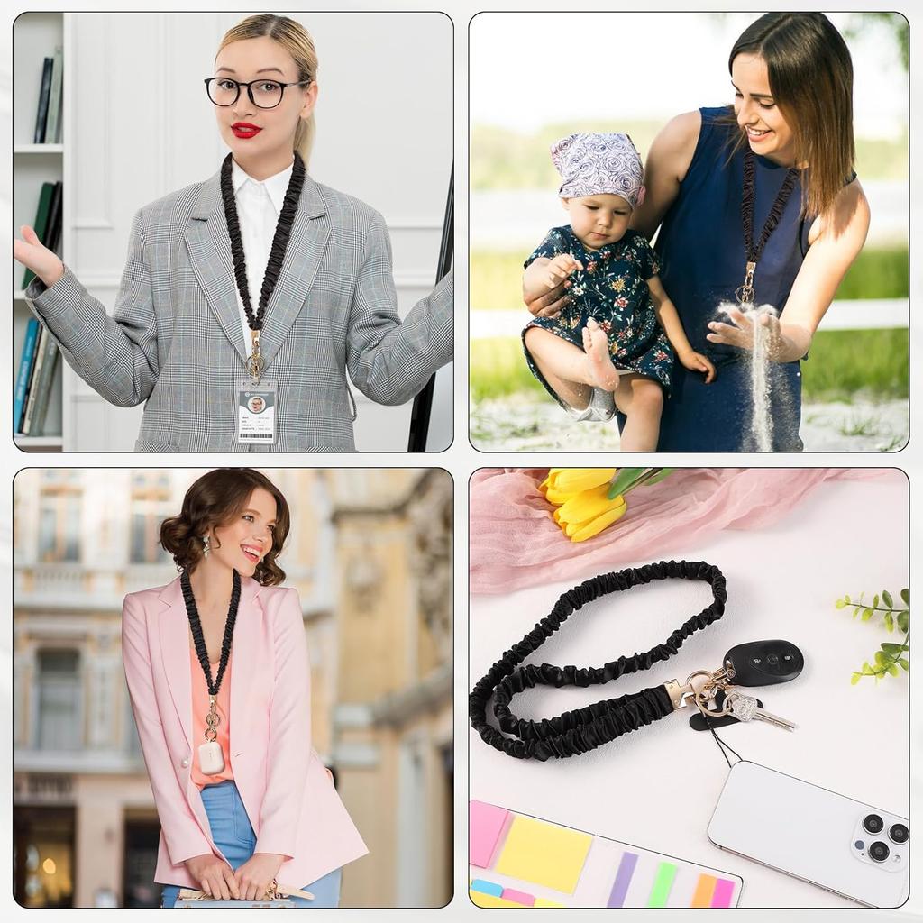 Scrunchie Lanyard with ID Holder Teacher Lanyards for ID Badges and Stretchy Scrunchie Keychain Wristlet for Women (Black)