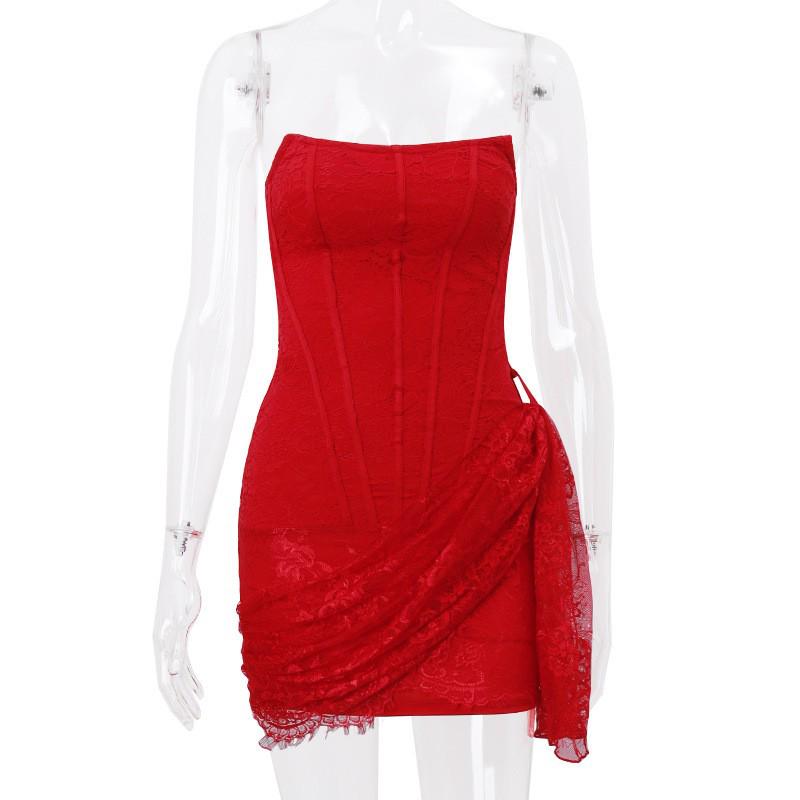 

Платье на одно плечо из кружева в европейском и американском стиле - Сексуальная юбка высокого класса для женщин на весну/лето Small красный