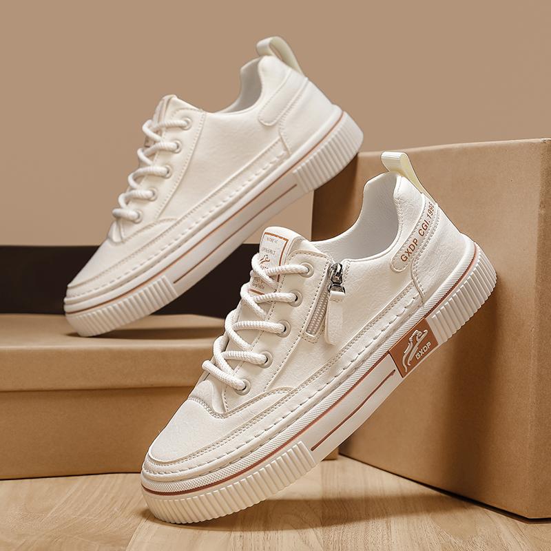 White Leather Sneakers Thick Bottom Casual Flats Anti Slip Outdoor Walking Sports Board Vulcanized Street Skate Shoe Lace-up