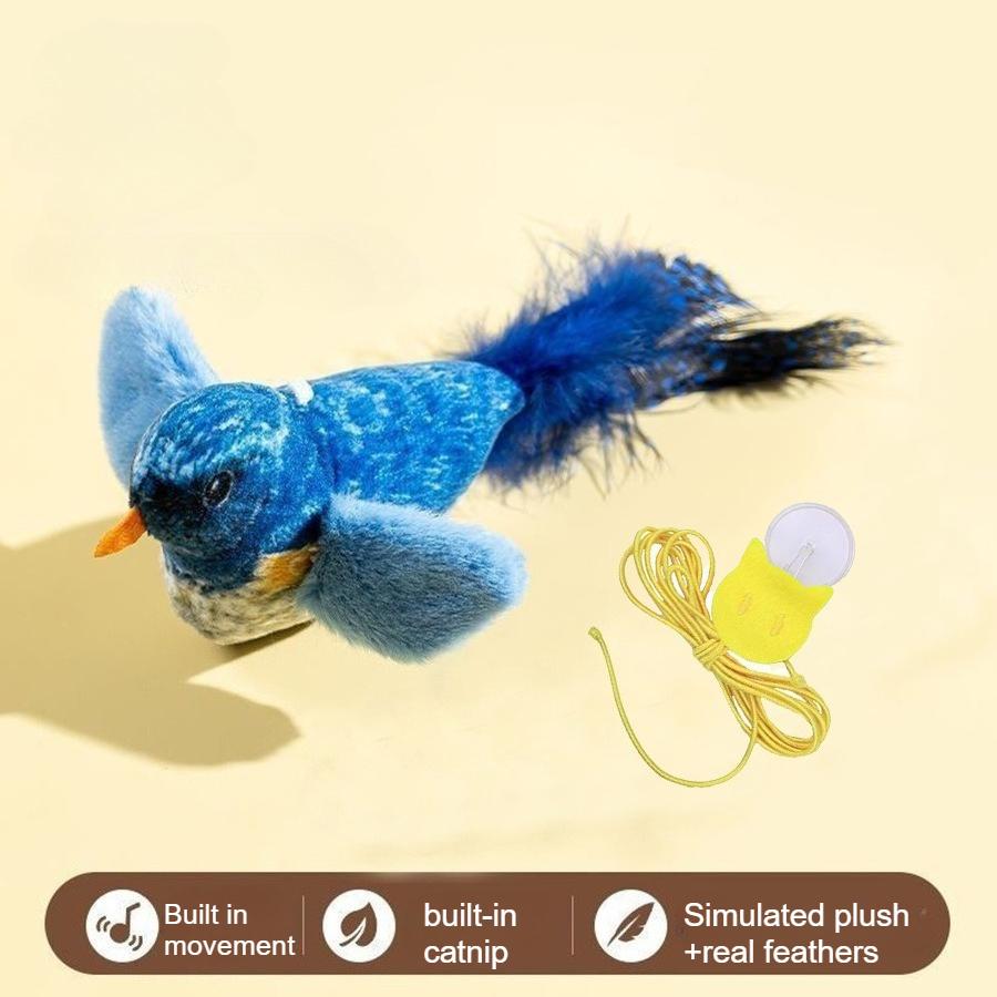 1pc Interactive Cat Toy with Chirping Sound & Feather Wand - Soft Polyester and Feather Wand, Realistic Bird-like Movement