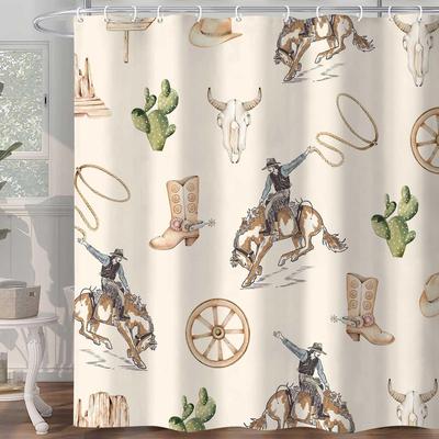 Western Cowboy Shower Curtain, Wild West Cowboy Ride Horse Cactus Bath Curtains, Farmhouse Country American West Theme Bathroom