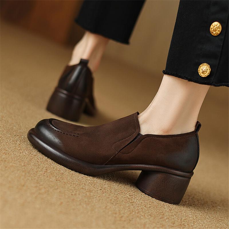 Fashion New Autumn Genuine Leather Women Shoes Fashion Round Toe Shoes for Women Chunky Heel Loafers Zapatos Mujer Women Pumps Brown