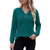 Women Solid Color V Neck Button Decoration Loose Long Sleeve Casual T Shirt Top