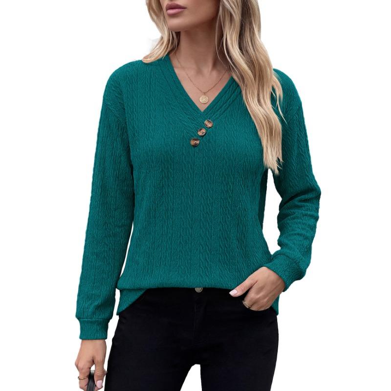 Women Solid Color V Neck Button Decoration Loose Long Sleeve Casual T Shirt Top