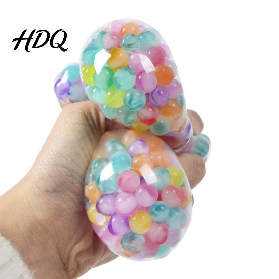 Soft Stress Ball Rainbow Bead with Glitter TPR Squeeze Toy for Sensory Fidget Anxiety Relief Colorful Kids Adults Fun Decompression Gadget