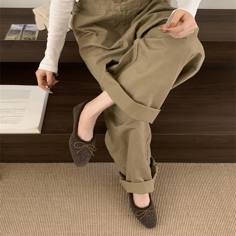 French Flat-bottomed Retro Suede Bow Single Shoes Women's Shoes 2025 Autumn and Winter New Versatile Square Head Beanie Shoes