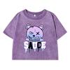 Funny Bear Cartoonprinting Female Washed Short Tshirt Breathable Summer T Shirt Distress Midriff-Baring Top Women