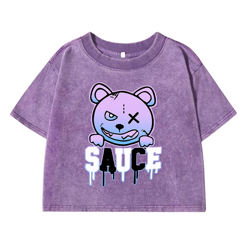 Funny Bear Cartoonprinting Female Washed Short Tshirt Breathable Summer T Shirt Distress Midriff-Baring Top Women