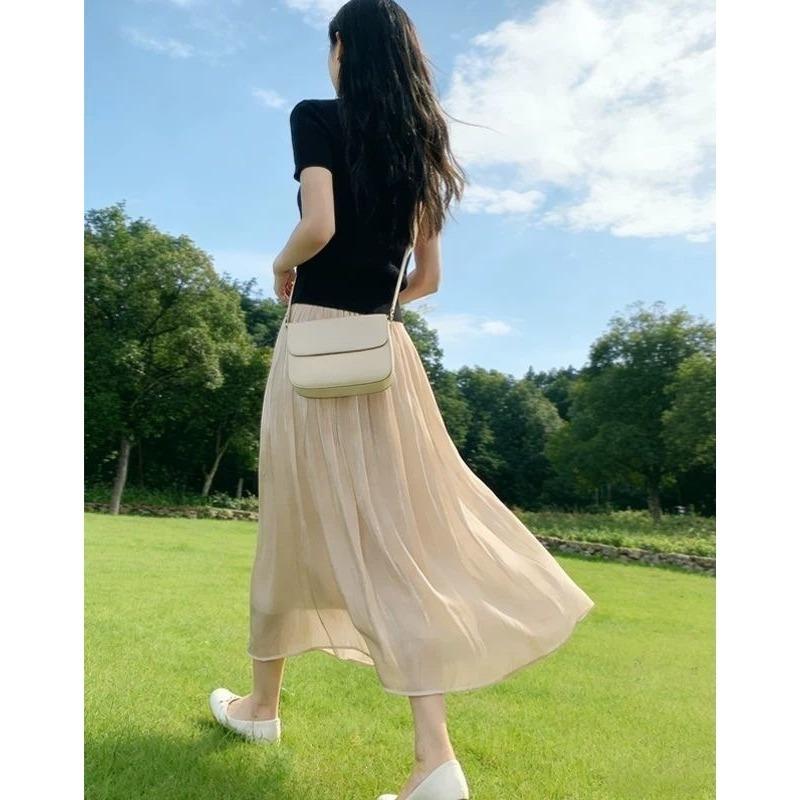 Streamer mesh skirt women's spring, autumn and summer high waist drape temperament versatile and thin a word pleated skirt