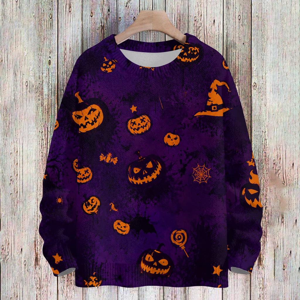 Women's Casual Long Sleeve Halloween Print Round Neck Knit Sweater Top