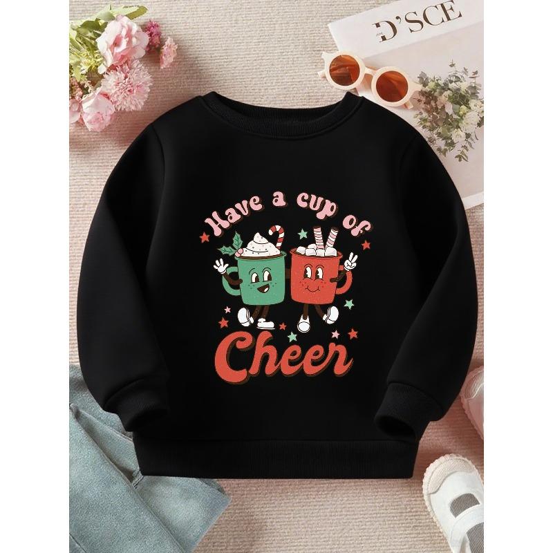 Kids Crewneck Sweatshirt, Cute Mug Cup Graphic Print, Soft Loose Fit Long Sleeve Pullover