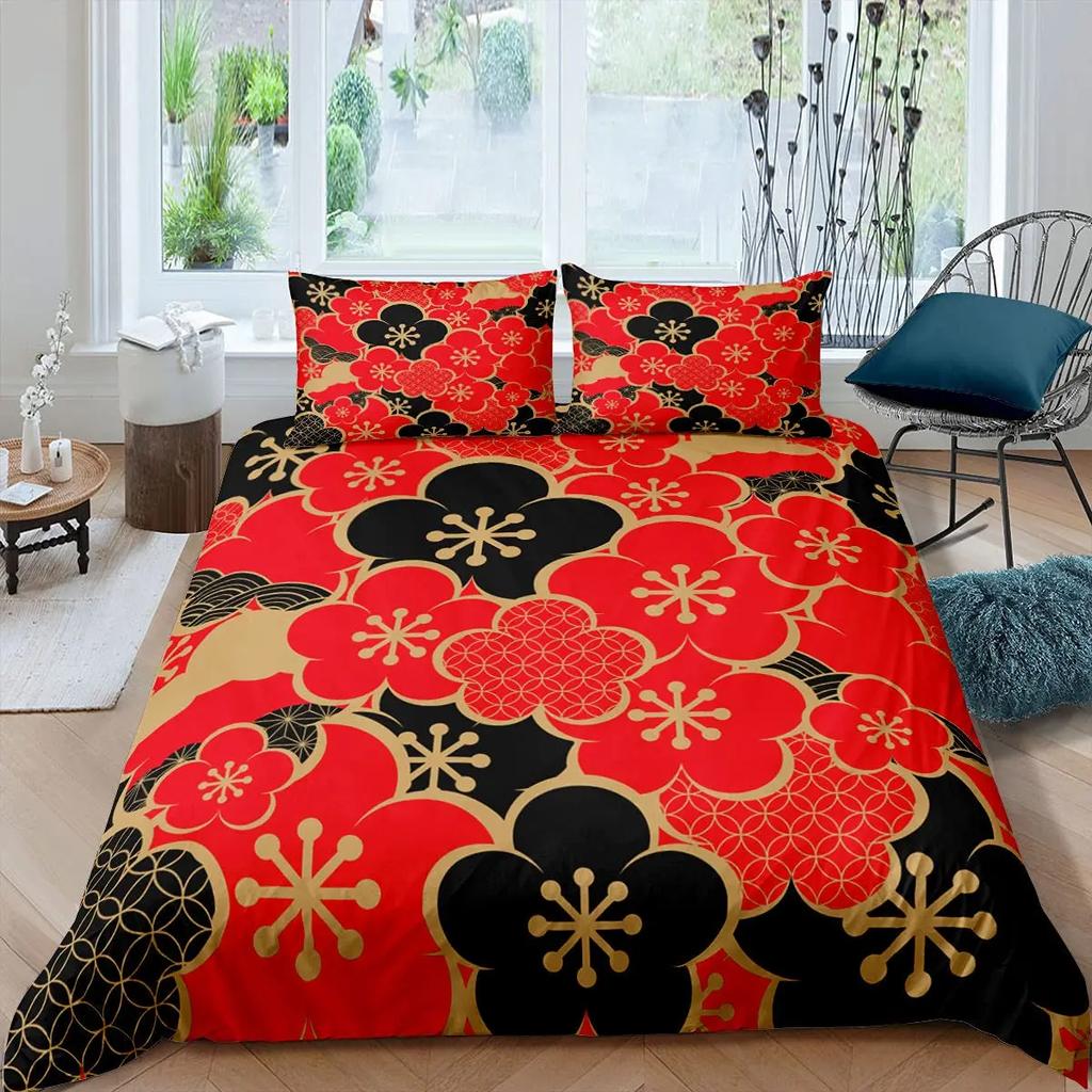 Japanese Style Duvet Cover Koi Fish Cherry Ukiyo-E Geisha Quilt Cover Sun Crane Polyester Japanese Culture Theme Bedroom Decor