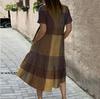 Plaid Round Neck Cotton Linen Ruffle Midi Dress - Short Sleeve Women's Style 8893