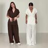 2025 Summer European & American Slimming V-Neck Top & Wide-Leg Pants Two-Piece Set