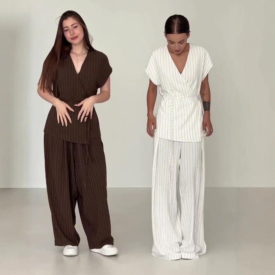 2025 Summer European & American Slimming V-Neck Top & Wide-Leg Pants Two-Piece Set