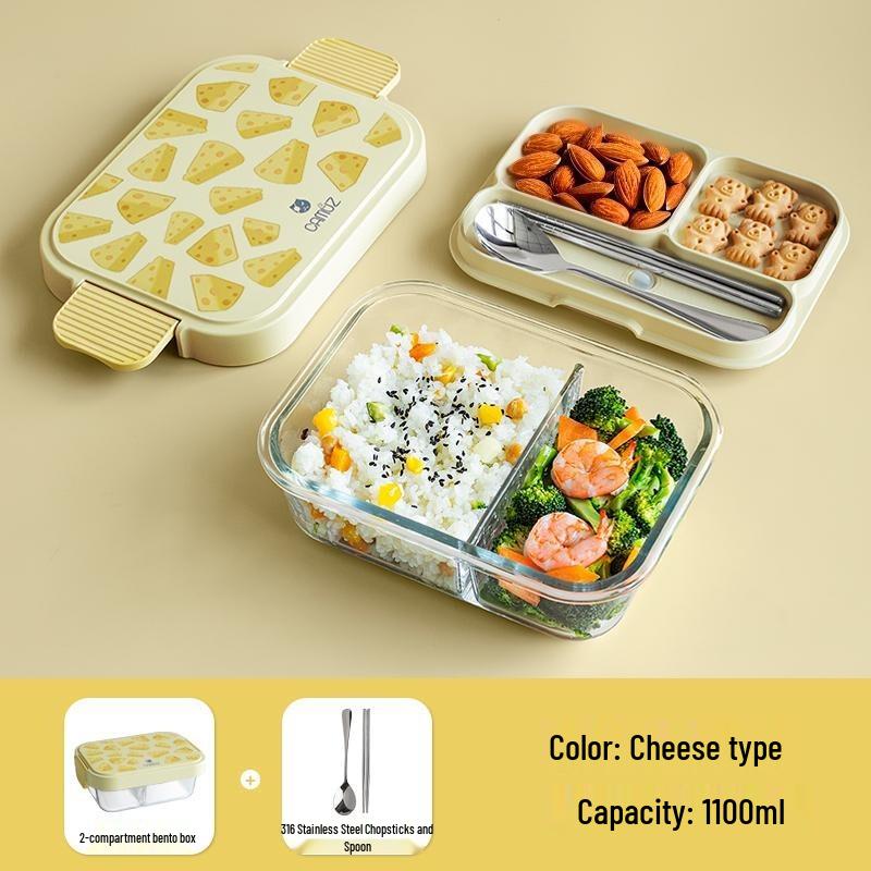 CAMUZ Cheese Design 1100ml Glass Lunch Box with Cutlery