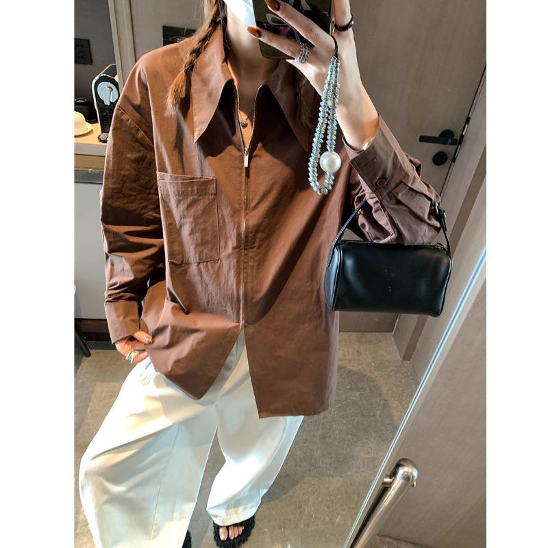 Mochie Spring Fashion French Pointed Collar Double Zipper Cotton Shirt MQ1121 кофейный