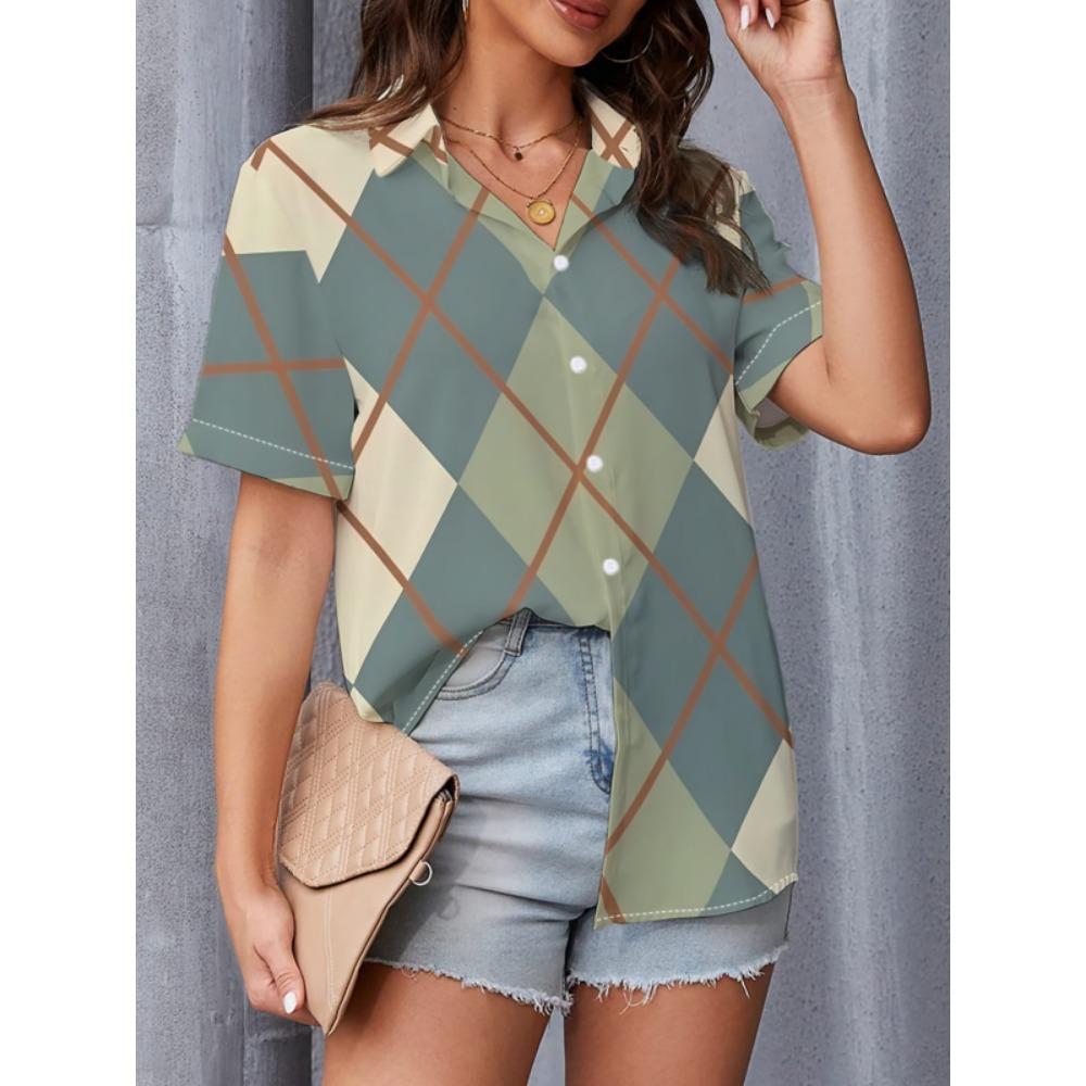 Simple and personalized print summer women's plus size lapel short sleeved shirt fashionable daily versatile casual top